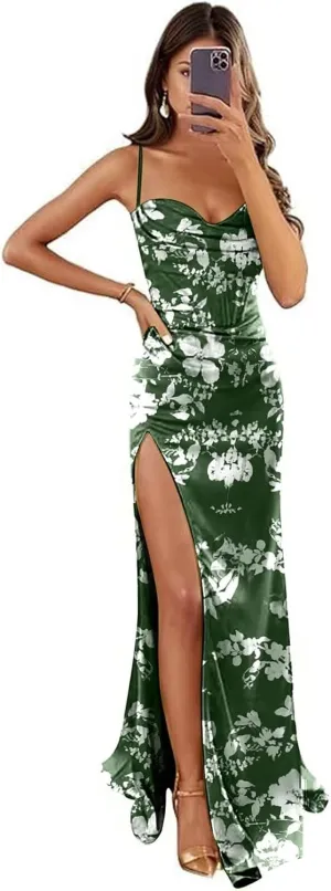 Satin Mermaid Prom Dresses 2025 Cowl Neck Bridesmaid Dresses for Women Formal Wedding Guest Dress with Slit