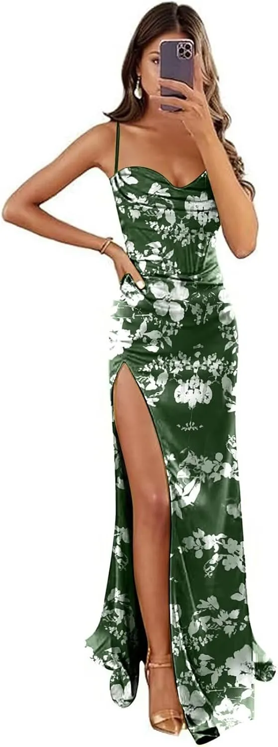 Satin Mermaid Prom Dresses 2025 Cowl Neck Bridesmaid Dresses for Women Formal Wedding Guest Dress with Slit
