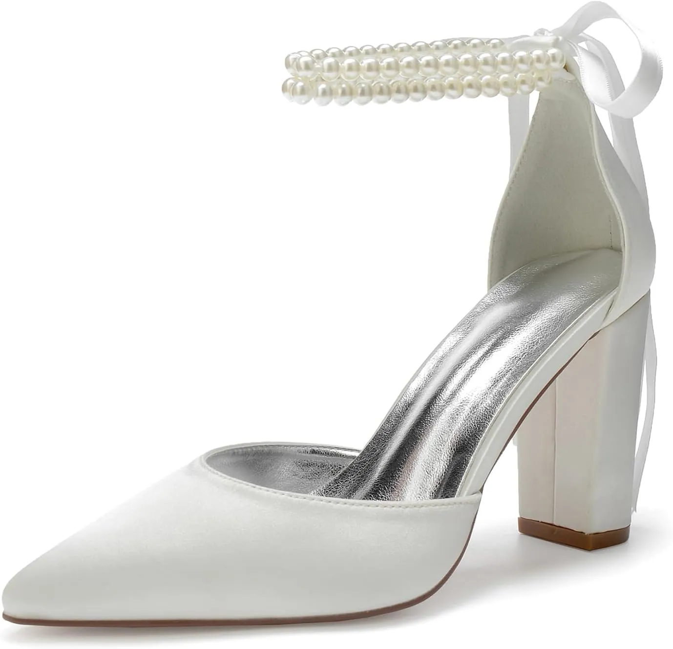 Satin Pointed Toe Wedding Heels 9CM Pearl Ankle Buckle Block Shoes Bridal Pumps Bowknot Strap Sandals Evening Party Dress Slip-On