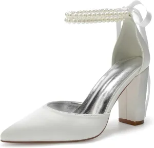 Satin Pointed Toe Wedding Heels 9CM Pearl Ankle Buckle Block Shoes Bridal Pumps Bowknot Strap Sandals Evening Party Dress Slip-On