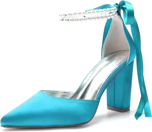 Satin Pointed Toe Wedding Heels 9CM Pearl Ankle Buckle Block Shoes Bridal Pumps Bowknot Strap Sandals Evening Party Dress Slip-On,Blue Green,9