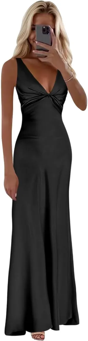 Satin Prom Dresses for Women V-Neck Halter Ruched Long Formal Wedding Guest Dress