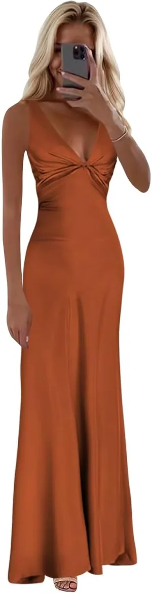 Satin Prom Dresses for Women V-Neck Halter Ruched Long Formal Wedding Guest Dress