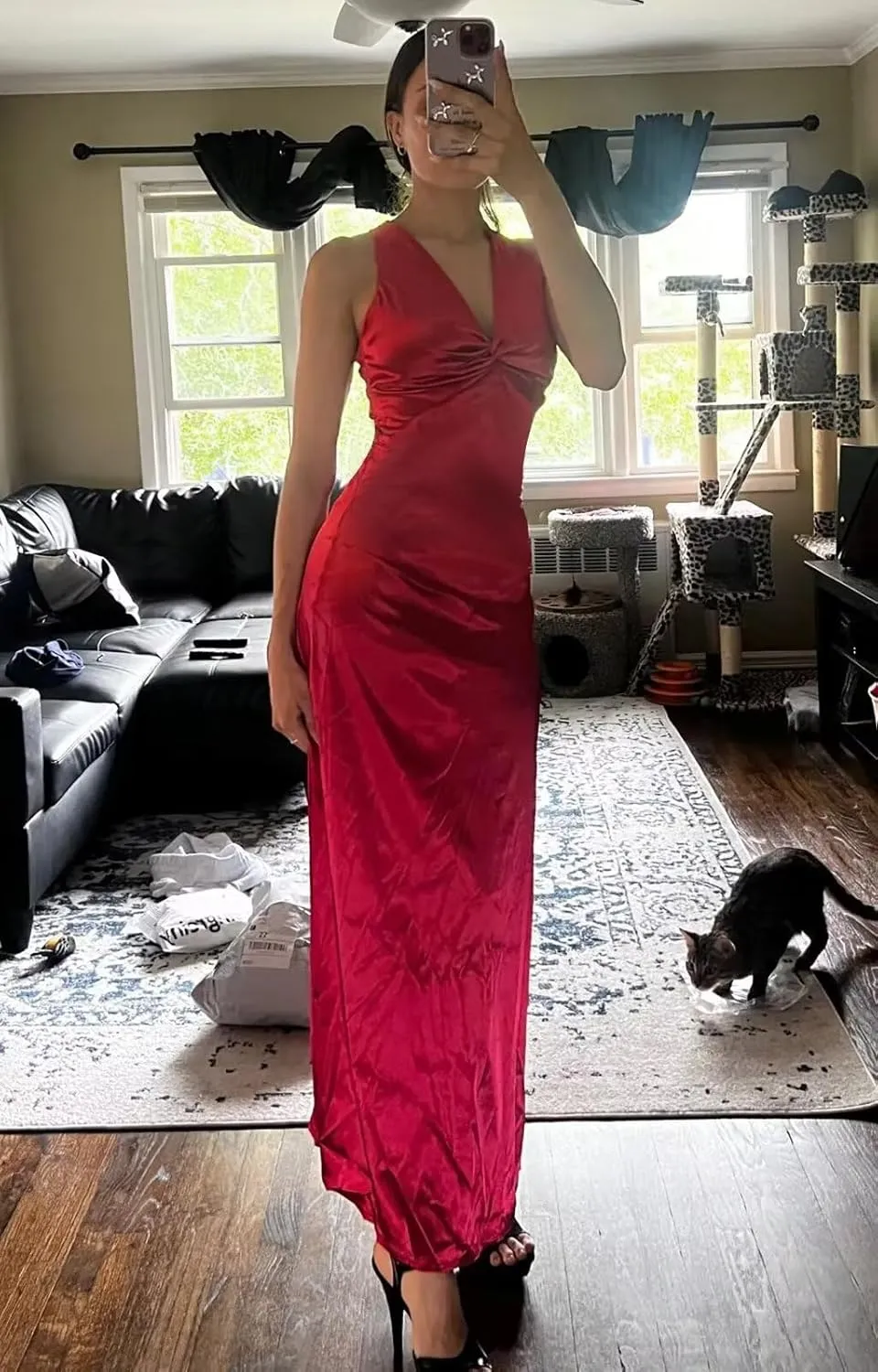 Satin Prom Dresses for Women V-Neck Halter Ruched Long Formal Wedding Guest Dress