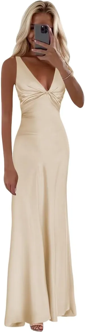 Satin Prom Dresses for Women V-Neck Halter Ruched Long Formal Wedding Guest Dress
