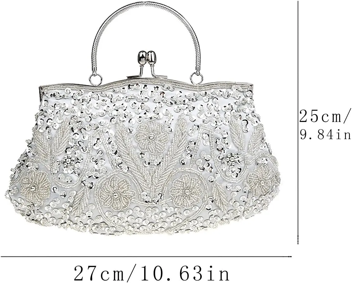 Satin Purse Evening Handbags Wedding Bag Beaded Sequins Clutch for Party