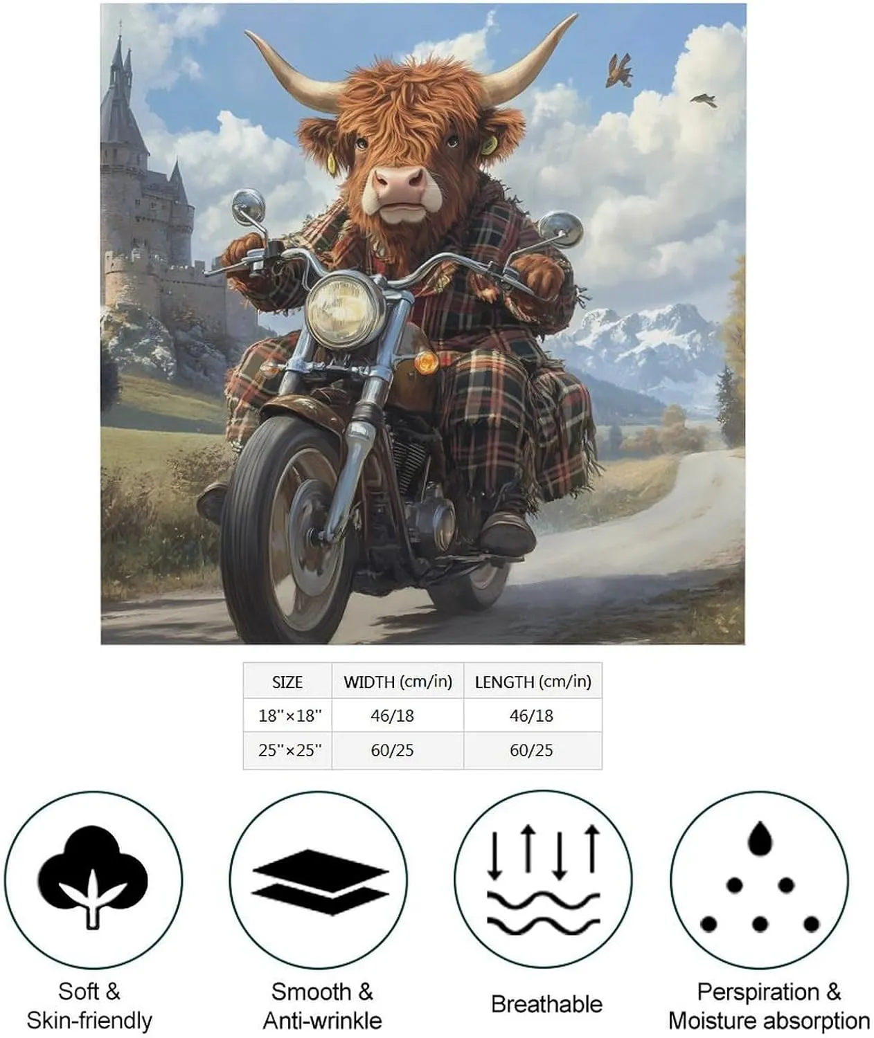 Scottish Highland Cow Motorcycle Rider Satin Kerchief Silk Like Neck Scarf Bandanas Hair Scarves Neckerchief