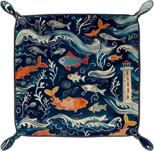 Sea Fish Print Microfiber Leather Dice Trays Folding for RPG DND Table Games, Leather Dice Holder Storage Box Portable Folding Rolling Dice Tray, 16x16cm