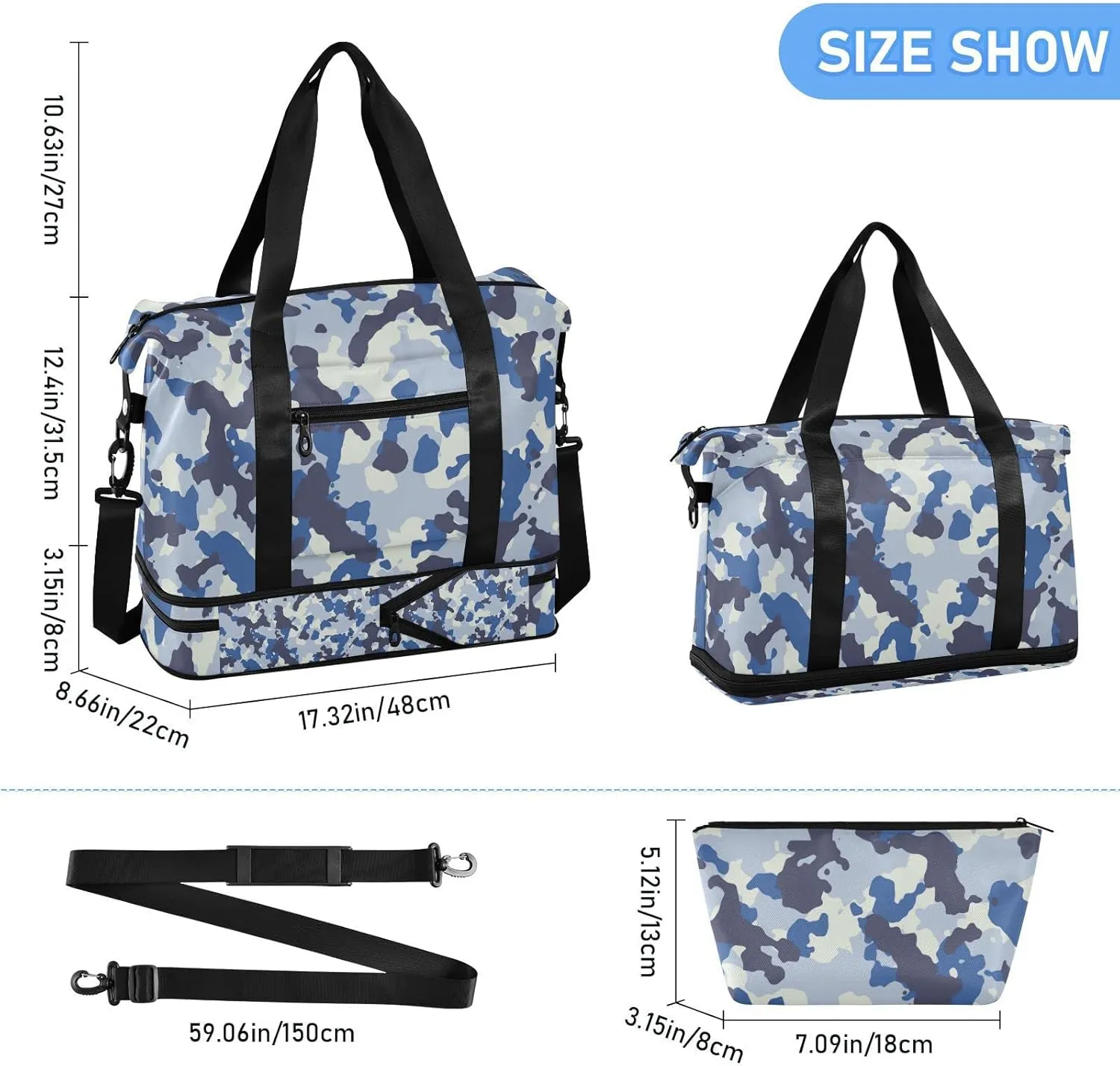Seamless Blue Black Grey Urban Horizontal Camouflage Camo Pattern Gym Duffel Bag, Polyester Travel Weekender Luggage Handbag with Waterproof Pocket for Wet Items, Unisex Foldable Tote for Sports