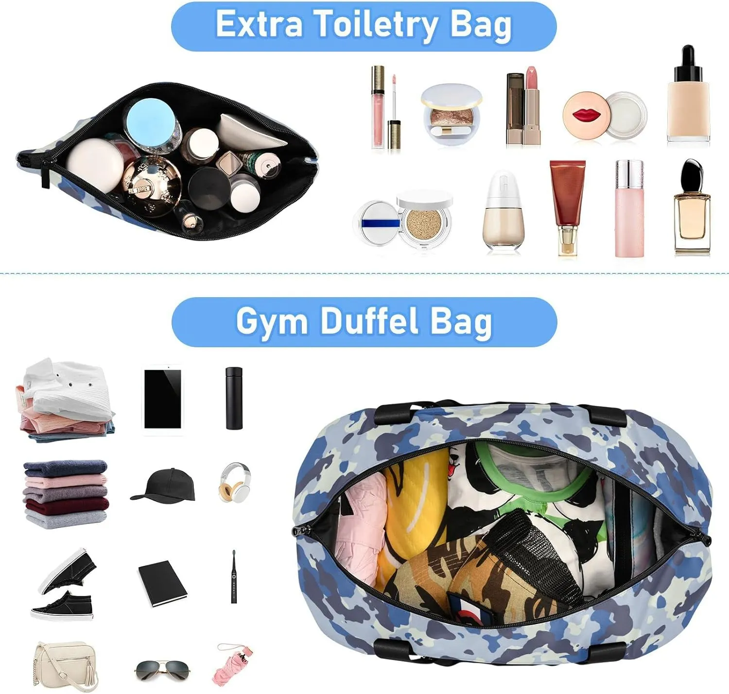 Seamless Blue Black Grey Urban Horizontal Camouflage Camo Pattern Gym Duffel Bag, Polyester Travel Weekender Luggage Handbag with Waterproof Pocket for Wet Items, Unisex Foldable Tote for Sports