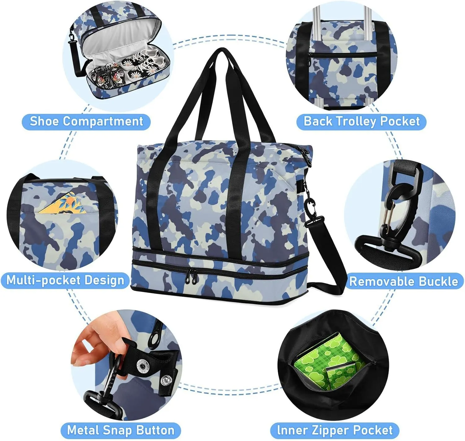 Seamless Blue Black Grey Urban Horizontal Camouflage Camo Pattern Gym Duffel Bag, Polyester Travel Weekender Luggage Handbag with Waterproof Pocket for Wet Items, Unisex Foldable Tote for Sports