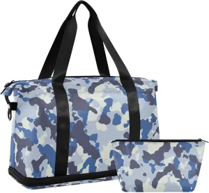 Seamless Blue Black Grey Urban Horizontal Camouflage Camo Pattern Gym Duffel Bag, Polyester Travel Weekender Luggage Handbag with Waterproof Pocket for Wet Items, Unisex Foldable Tote for Sports