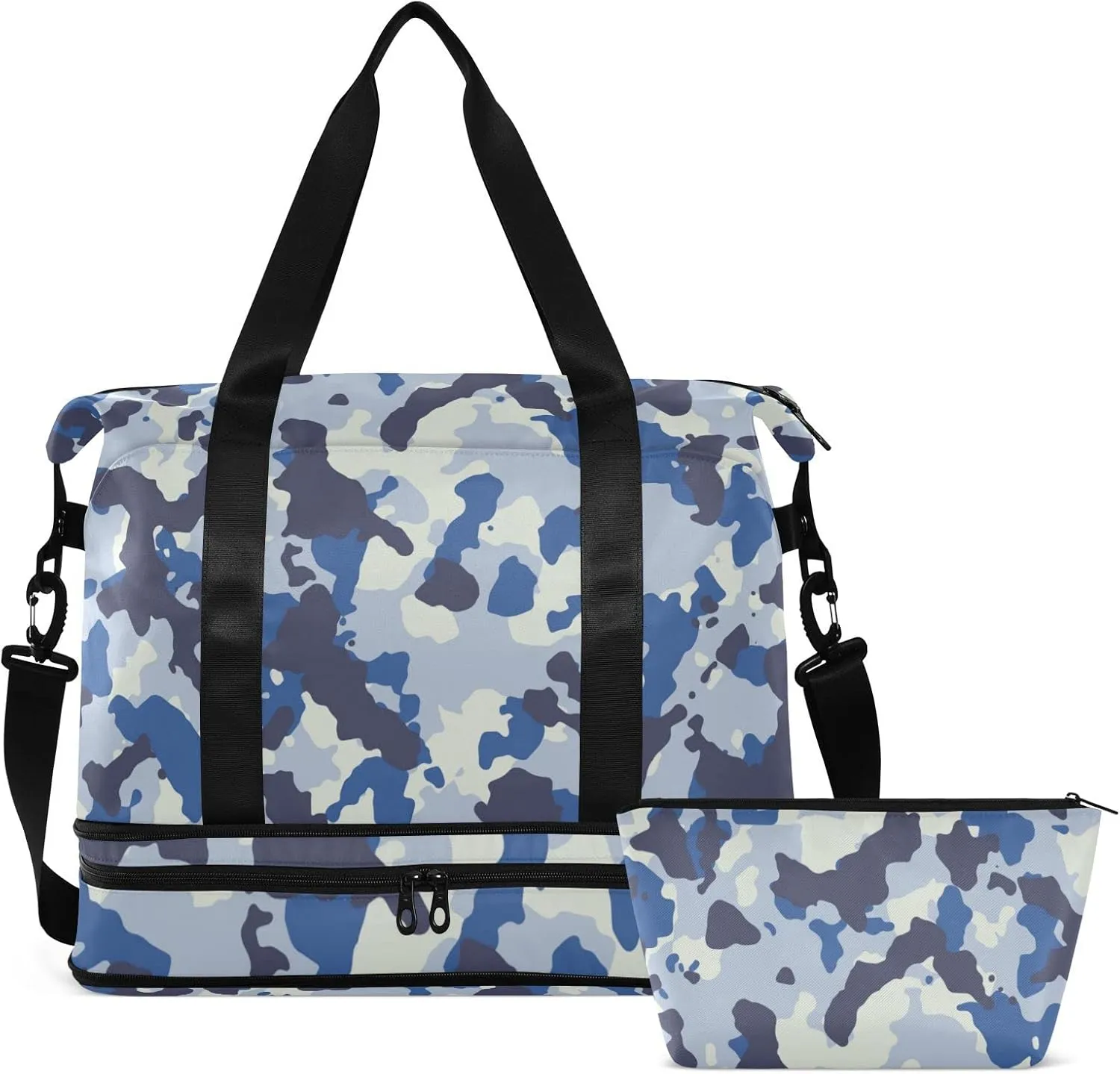 Seamless Blue Black Grey Urban Horizontal Camouflage Camo Pattern Gym Duffel Bag, Polyester Travel Weekender Luggage Handbag with Waterproof Pocket for Wet Items, Unisex Foldable Tote for Sports