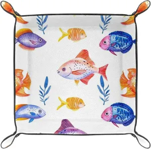 Seamless Watercolor Colorful Fish Microfiber Leather Dice Trays Folding for RPG DND Table Games, Leather Dice Holder Storage Box Portable Folding Rolling Dice Tray, 20.5x20.5cm