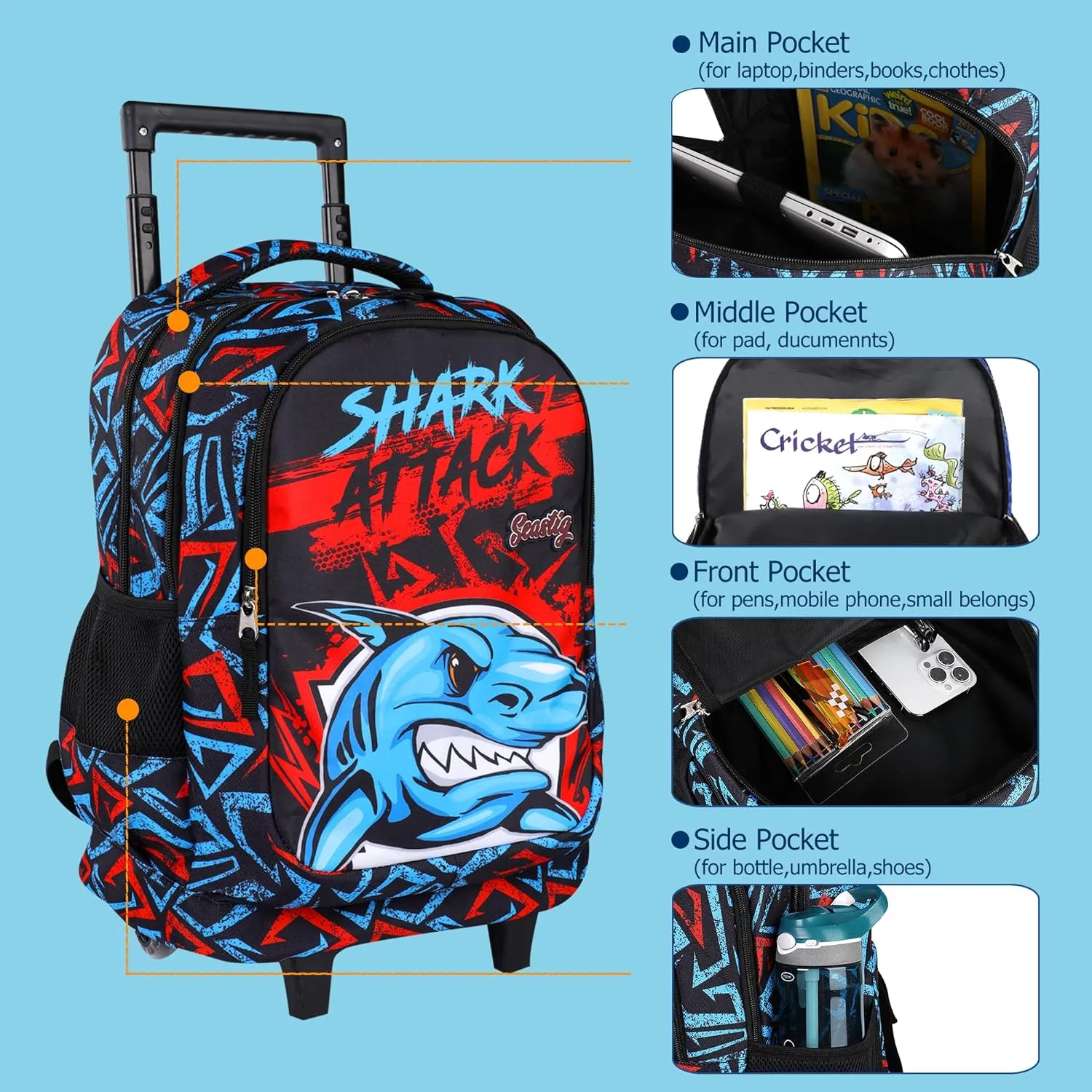 Seastig Kids Rolling Backpack 18in Wheeled Double Handle Backpack with Wheels