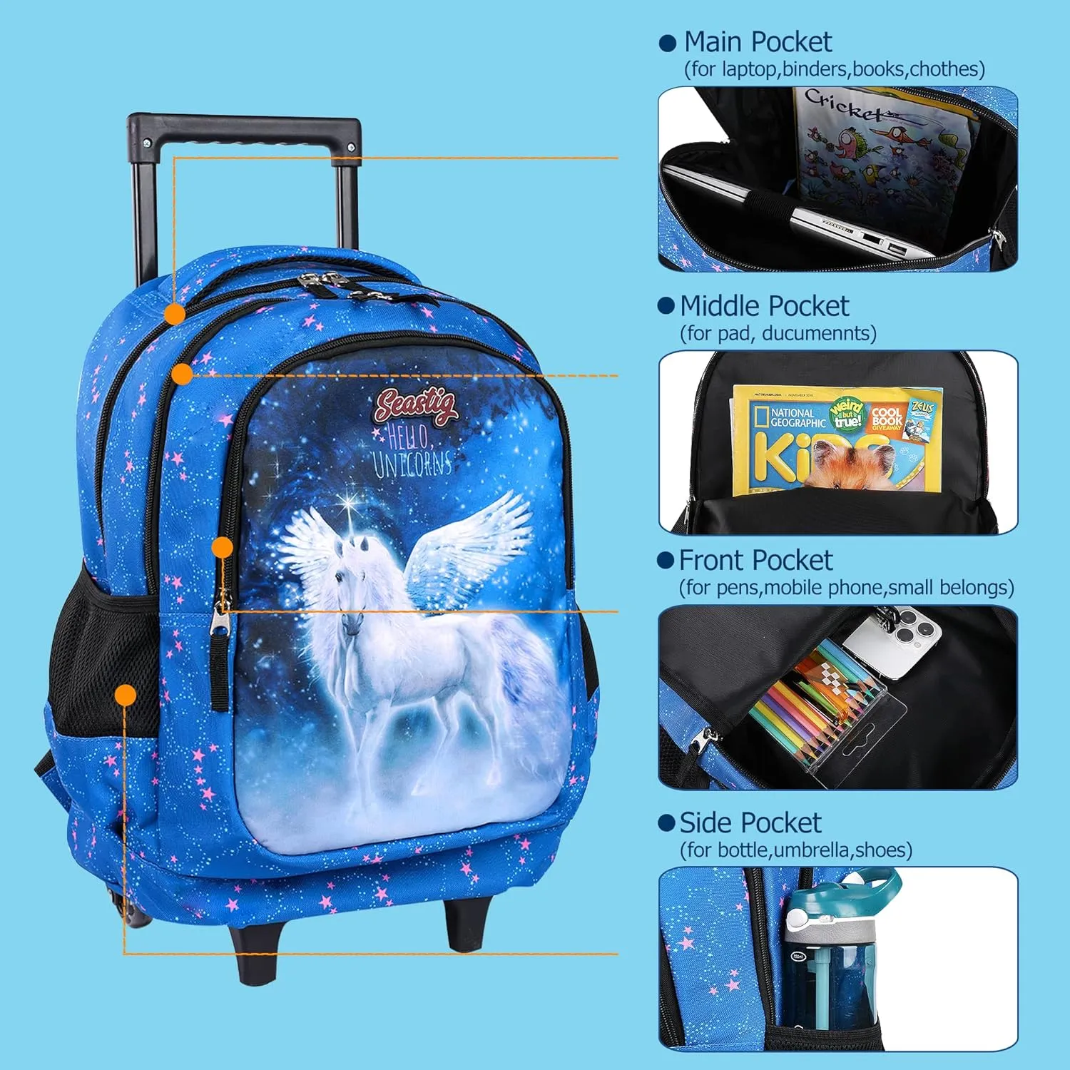 seastig Rolling Backpack for Kids Wheeled Backpack 18in Double Handle Backpack with Wheels
