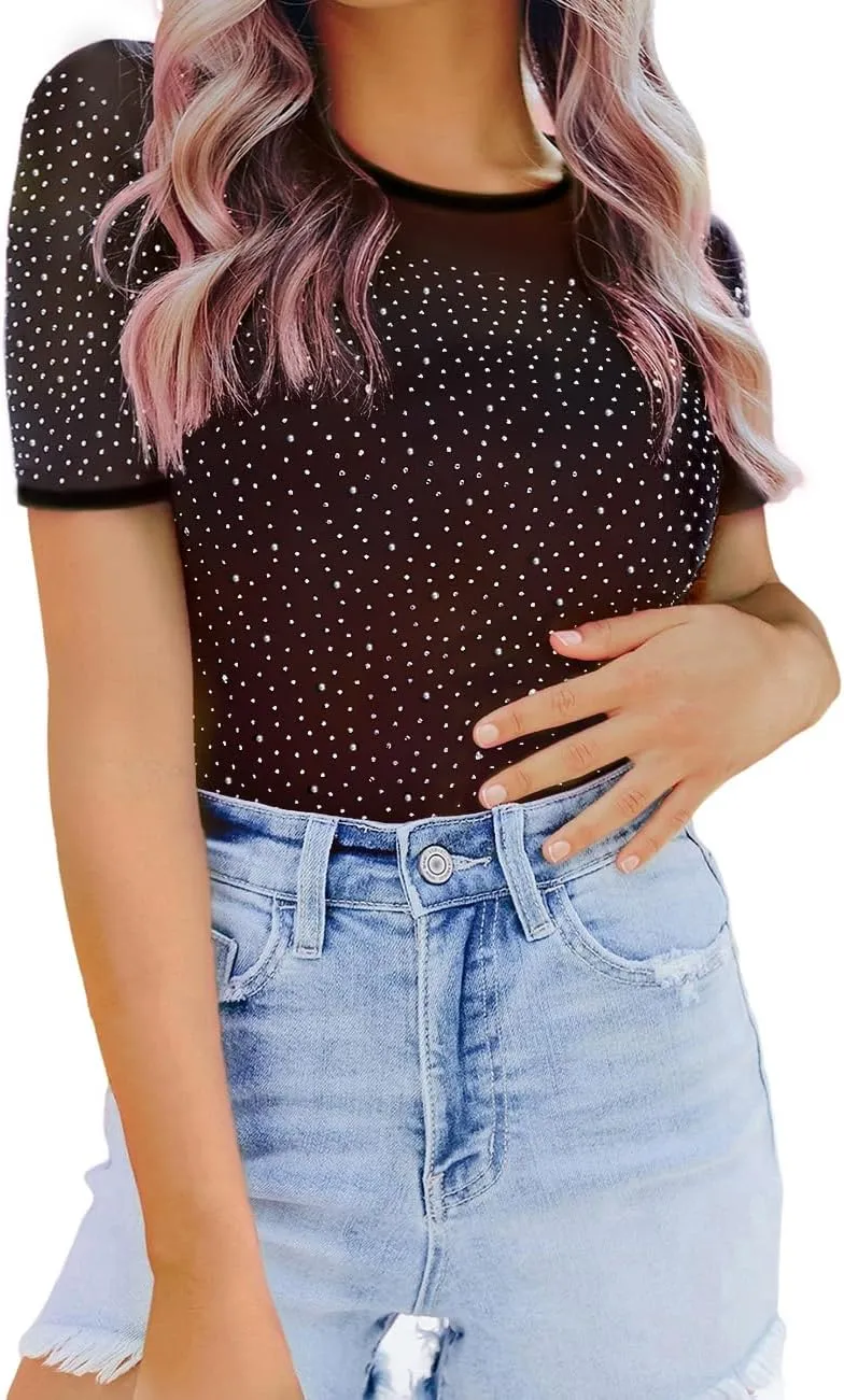 SEBOWEL Women Rhinestone Sparkly Bodysuits Sexy Studded Sheer Mesh Long Sleeve Bodysuit See Through Club Rompers Top