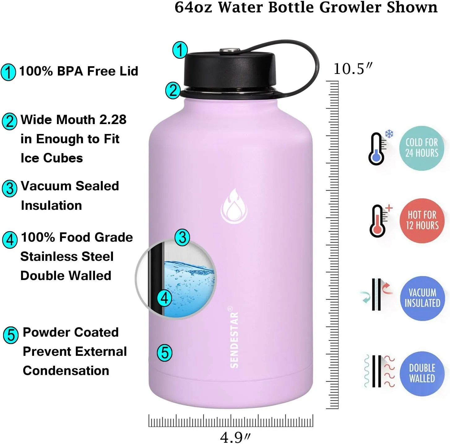 SENDESTAR 64 oz Water Bottle Double Wall Vacuum Insulated Leak Proof Stainless Steel Beer Growler  2 Lids—Wide Mouth with Flat Cap & Spout Lid Includes Water Bottle Pouch (Lilac)