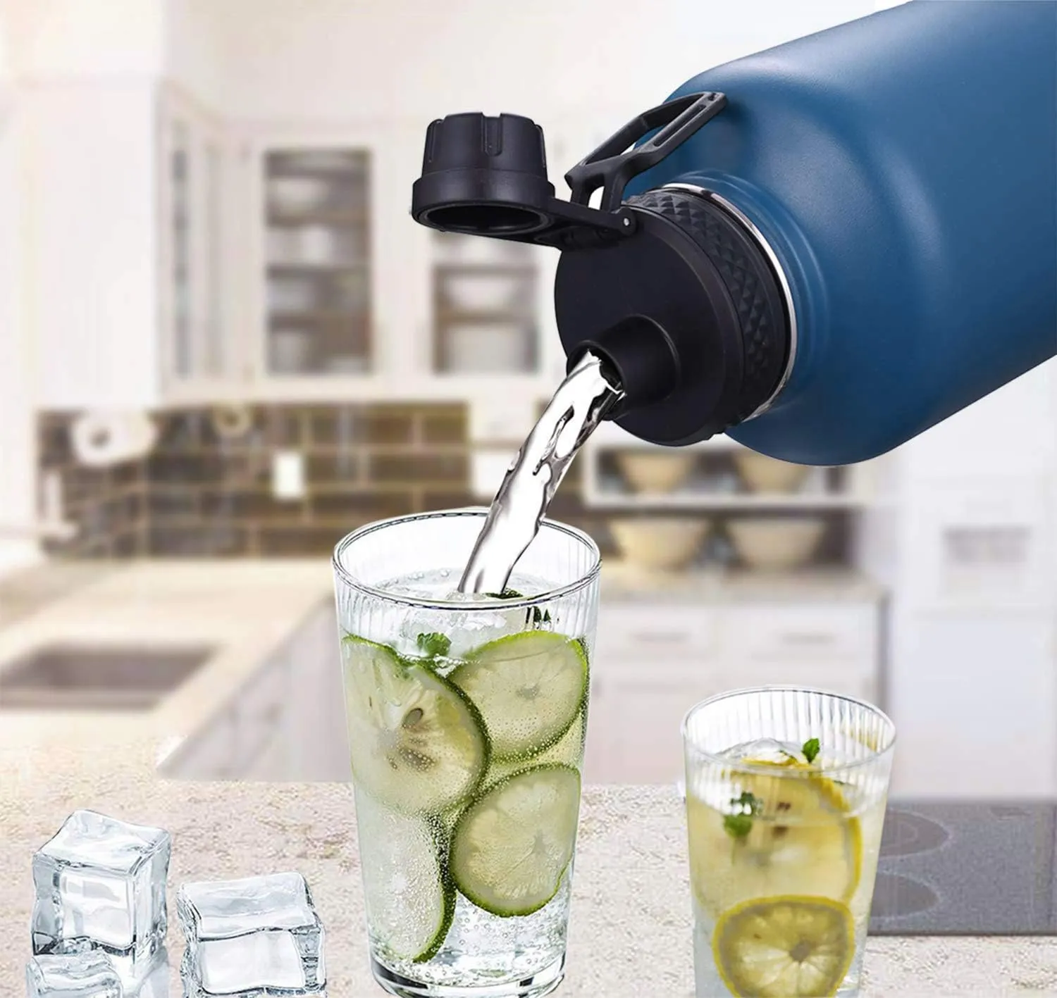 SENDESTAR 64 oz Water Bottle Double Wall Vacuum Insulated Leak Proof Stainless Steel Beer Growler  2 Lids—Wide Mouth with Flat Cap & Spout Lid Includes Water Bottle Pouch (Lilac)