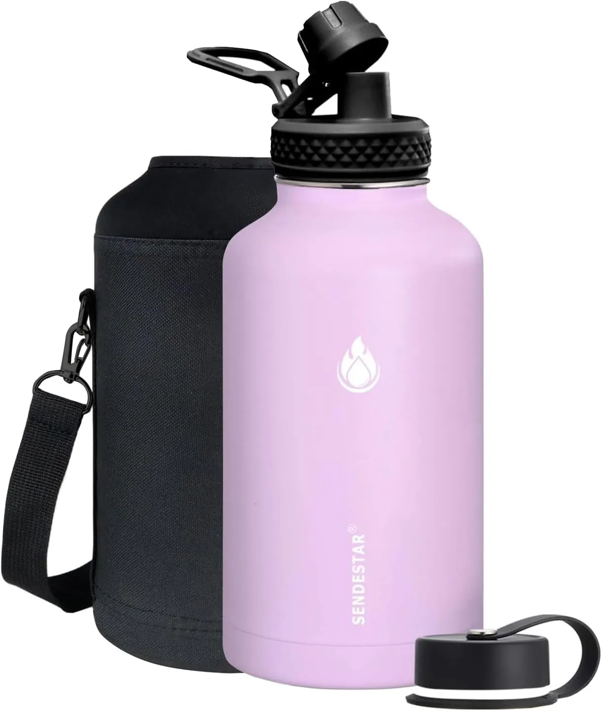 SENDESTAR 64 oz Water Bottle Double Wall Vacuum Insulated Leak Proof Stainless Steel Beer Growler  2 Lids—Wide Mouth with Flat Cap & Spout Lid Includes Water Bottle Pouch (Lilac)