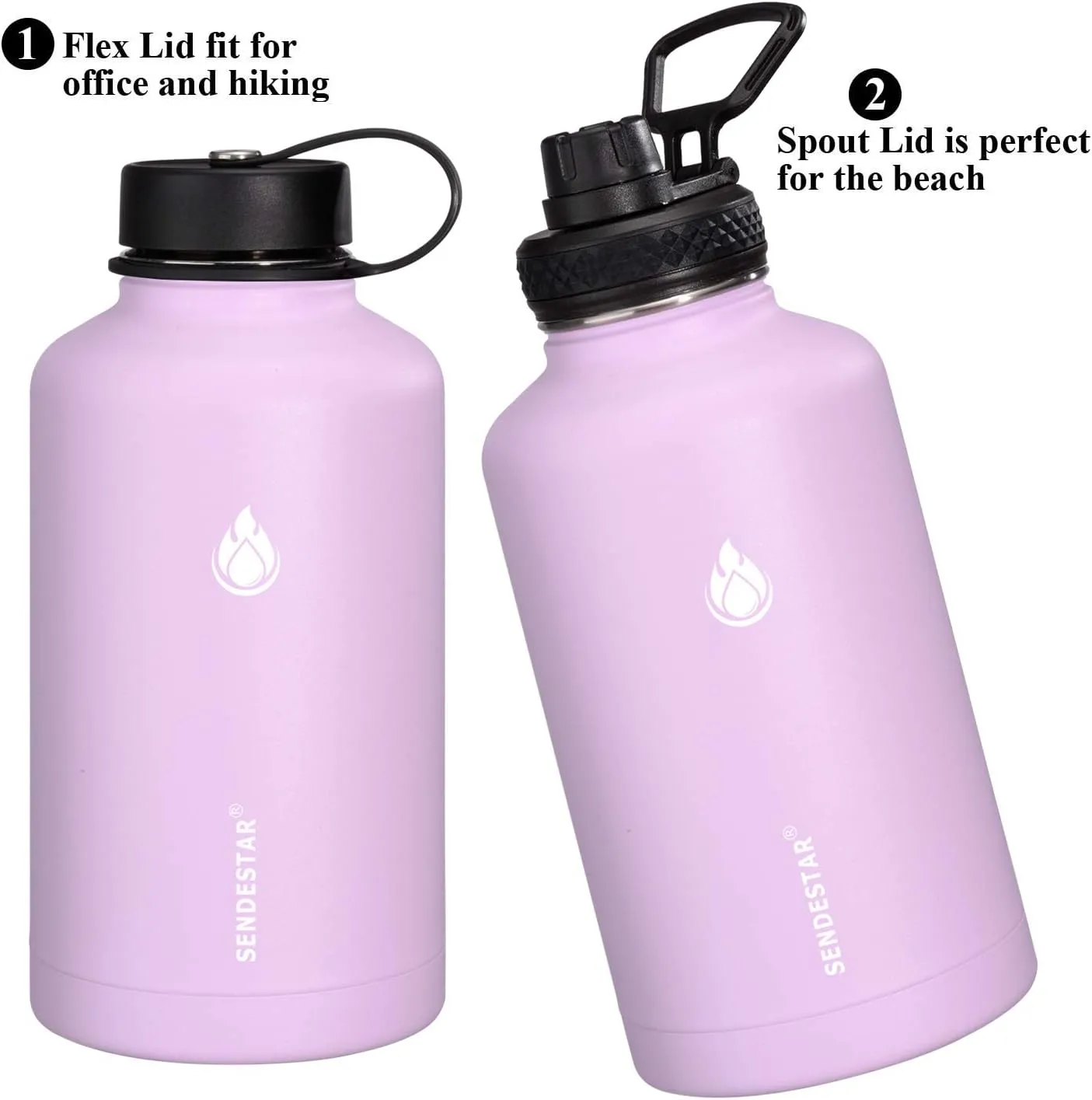 SENDESTAR 64 oz Water Bottle Double Wall Vacuum Insulated Leak Proof Stainless Steel Beer Growler  2 Lids—Wide Mouth with Flat Cap & Spout Lid Includes Water Bottle Pouch (Lilac)
