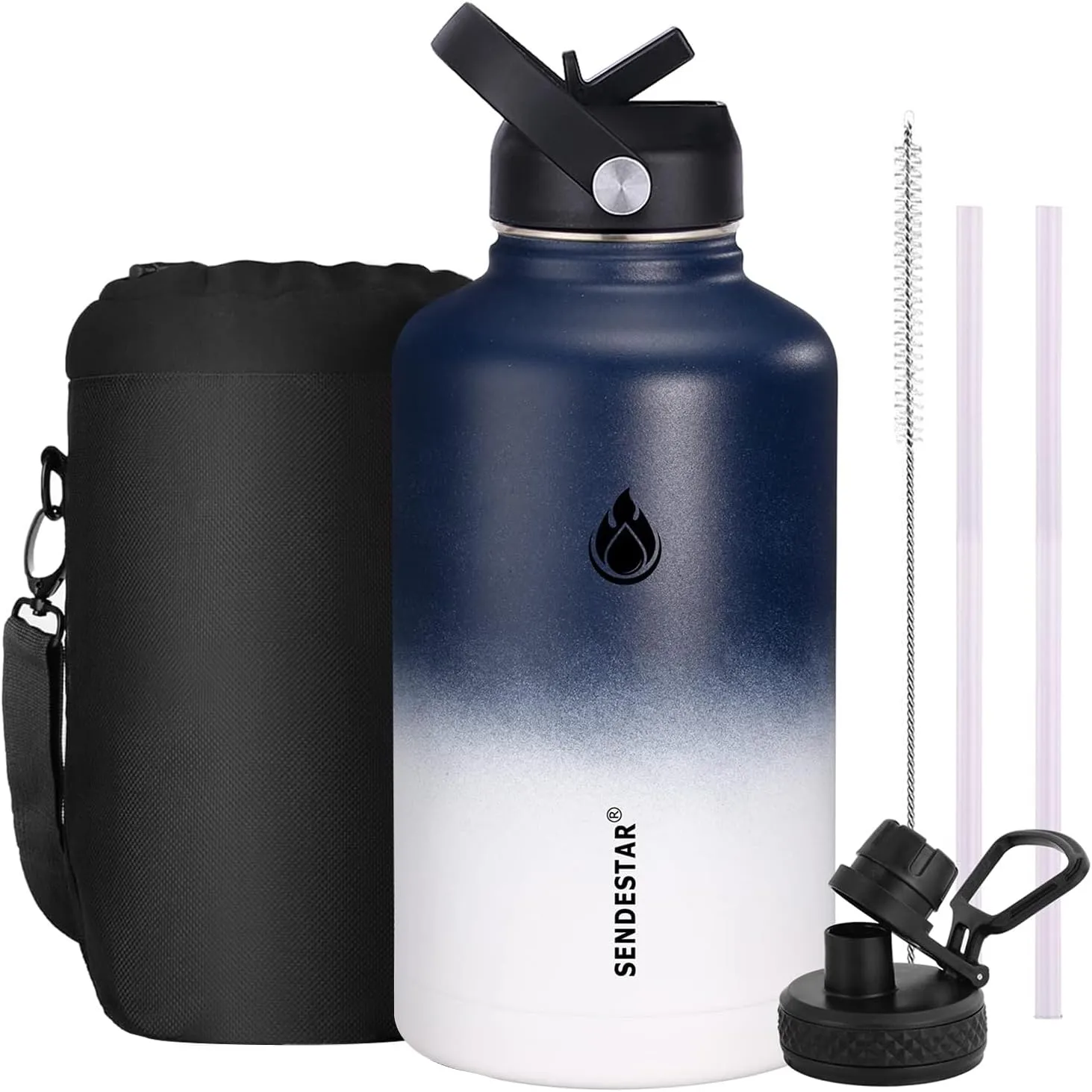 SENDESTAR Water Bottle 64oz Double Wall Vacuum Insulated Leak Proof Stainless Steel Sports Water Bottle—Wide Mouth with New Flex Straw Lid & Spout Lid (Blue&White)