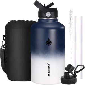 SENDESTAR Water Bottle 64oz Double Wall Vacuum Insulated Leak Proof Stainless Steel Sports Water Bottle—Wide Mouth with New Flex Straw Lid & Spout Lid (Blue&White)