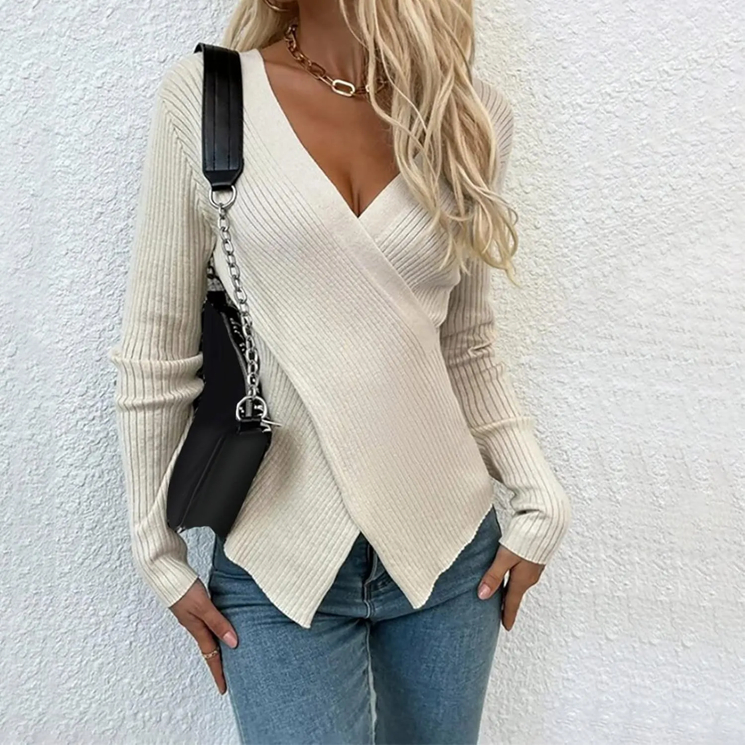 Sexy Cross v Neck Sweaters for Women Business Casual Long Sleeve Ribbed Knit Wrap Slim Fit Pullover Tops