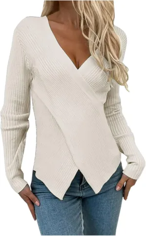Sexy Cross v Neck Sweaters for Women Business Casual Long Sleeve Ribbed Knit Wrap Slim Fit Pullover Tops