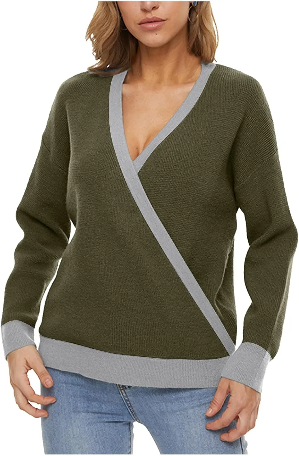 Sexy Cross Wrap v Neck Sweaters for Women Trendy Oversized Long Sleeve Knit Pullover Tops Ladies Casual Sweater
