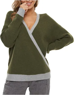 Sexy Cross Wrap v Neck Sweaters for Women Trendy Oversized Long Sleeve Knit Pullover Tops Ladies Casual Sweater