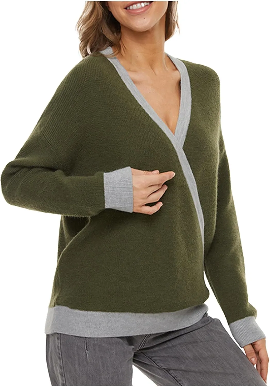 Sexy Cross Wrap v Neck Sweaters for Women Trendy Oversized Long Sleeve Knit Pullover Tops Ladies Casual Sweater