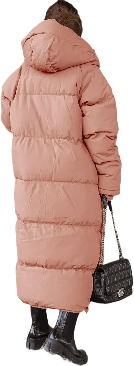 Shanfetl Women Long Quilted Coat Hooded Maxi Length Long Sleeve Puffer Jacket Padded Coat Winter Outerwear