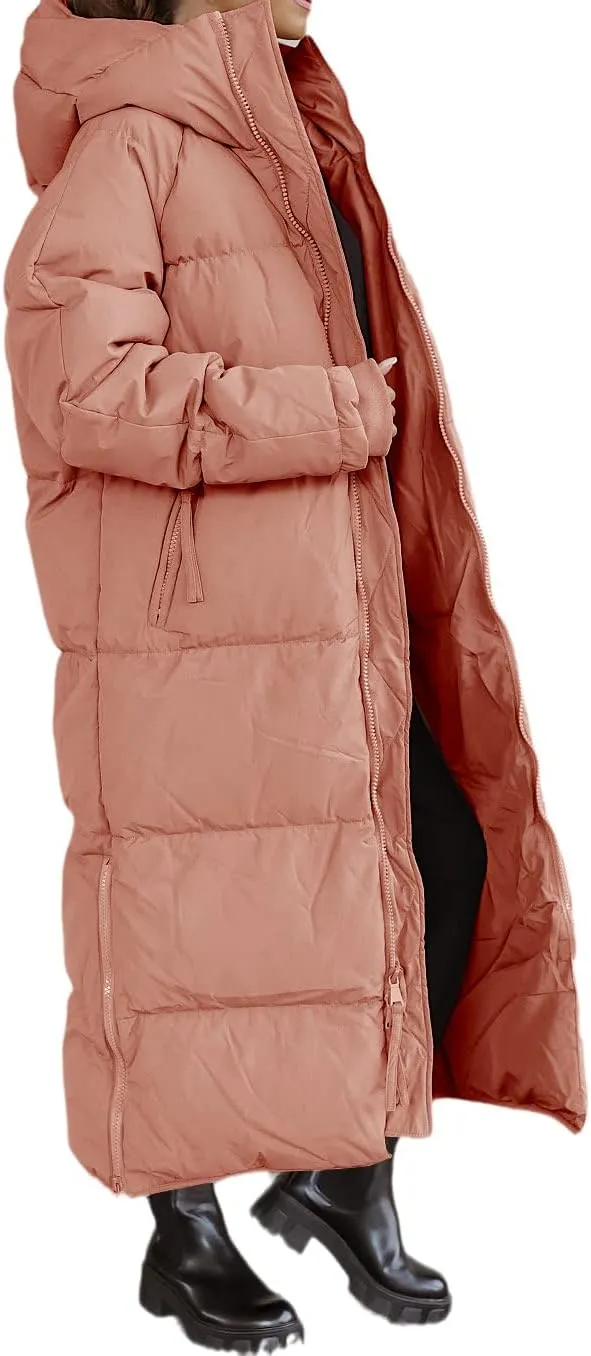 Shanfetl Women Long Quilted Coat Hooded Maxi Length Long Sleeve Puffer Jacket Padded Coat Winter Outerwear
