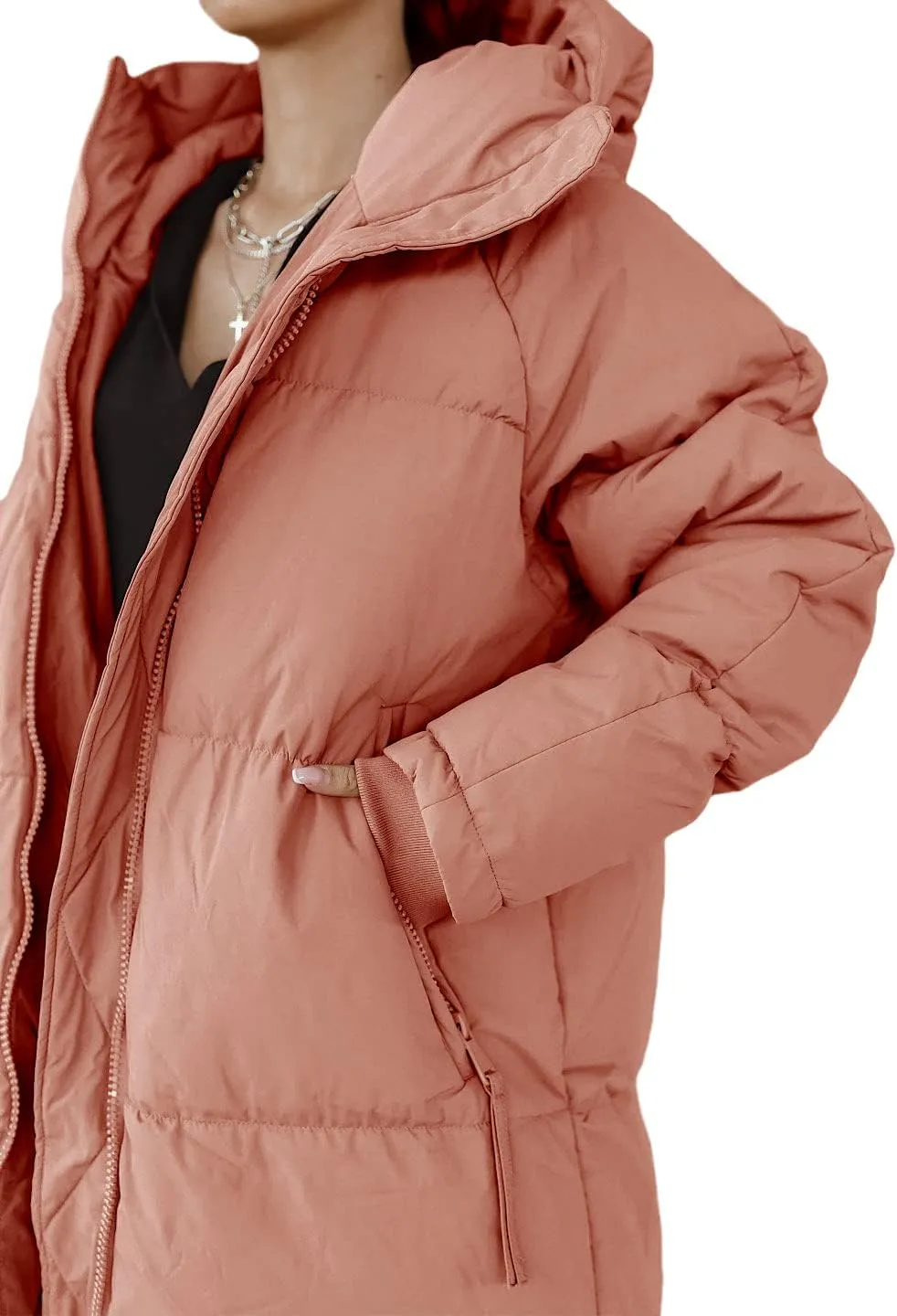 Shanfetl Women Long Quilted Coat Hooded Maxi Length Long Sleeve Puffer Jacket Padded Coat Winter Outerwear