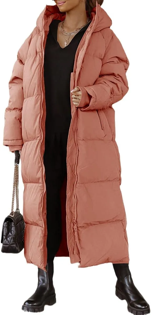Shanfetl Women Long Quilted Coat Hooded Maxi Length Long Sleeve Puffer Jacket Padded Coat Winter Outerwear