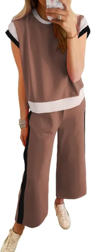 SHEWIN Women's 2 Piece Lounge Sets Casual Short Sleeve Pullover Tops Matching Wide Leg Pants Tracksuit Set