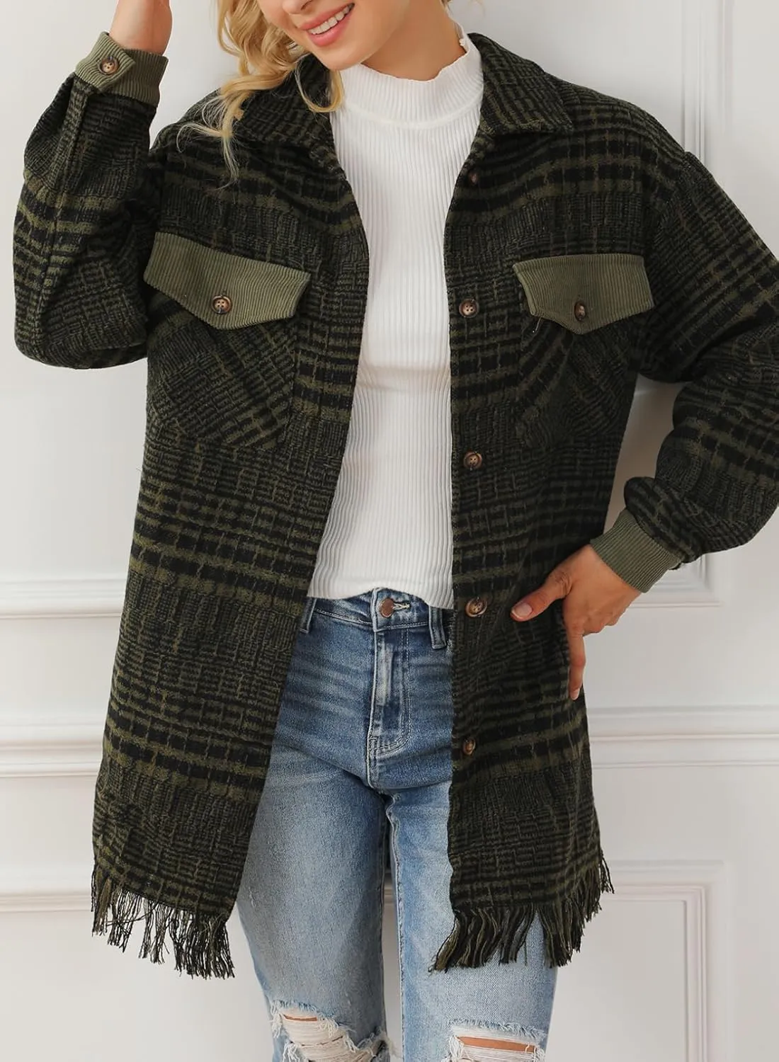 SHEWIN Womens Casual Plaid Shacket Long Sleeve Button Down Oversized Shirt Jacket Coat