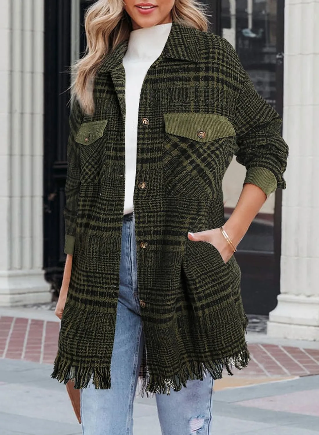 SHEWIN Womens Casual Plaid Shacket Long Sleeve Button Down Oversized Shirt Jacket Coat