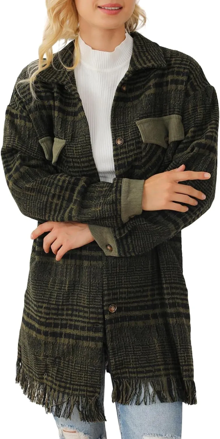 SHEWIN Womens Casual Plaid Shacket Long Sleeve Button Down Oversized Shirt Jacket Coat