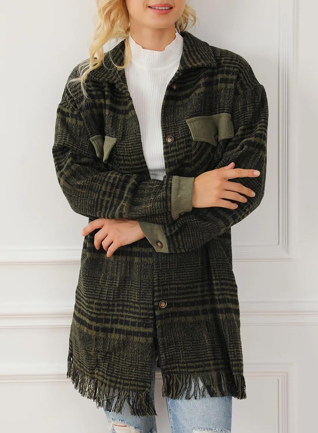 SHEWIN Womens Casual Plaid Shacket Long Sleeve Button Down Oversized Shirt Jacket Coat
