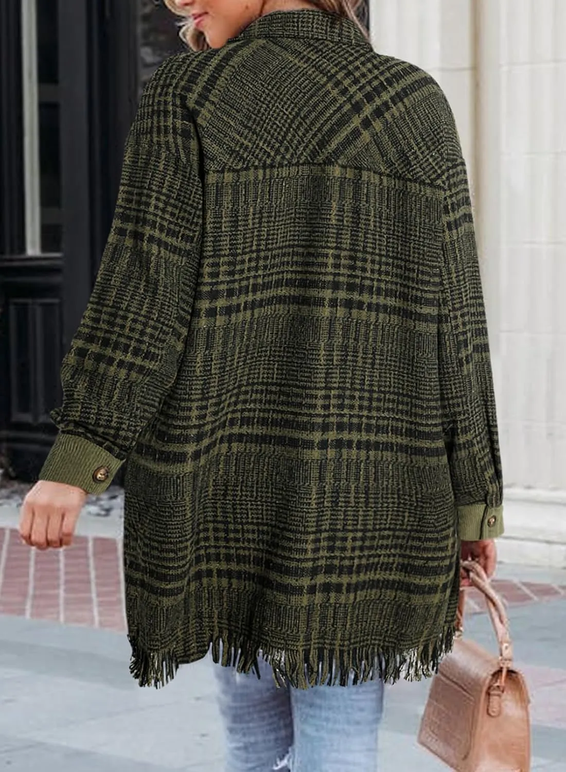 SHEWIN Womens Casual Plaid Shacket Long Sleeve Button Down Oversized Shirt Jacket Coat