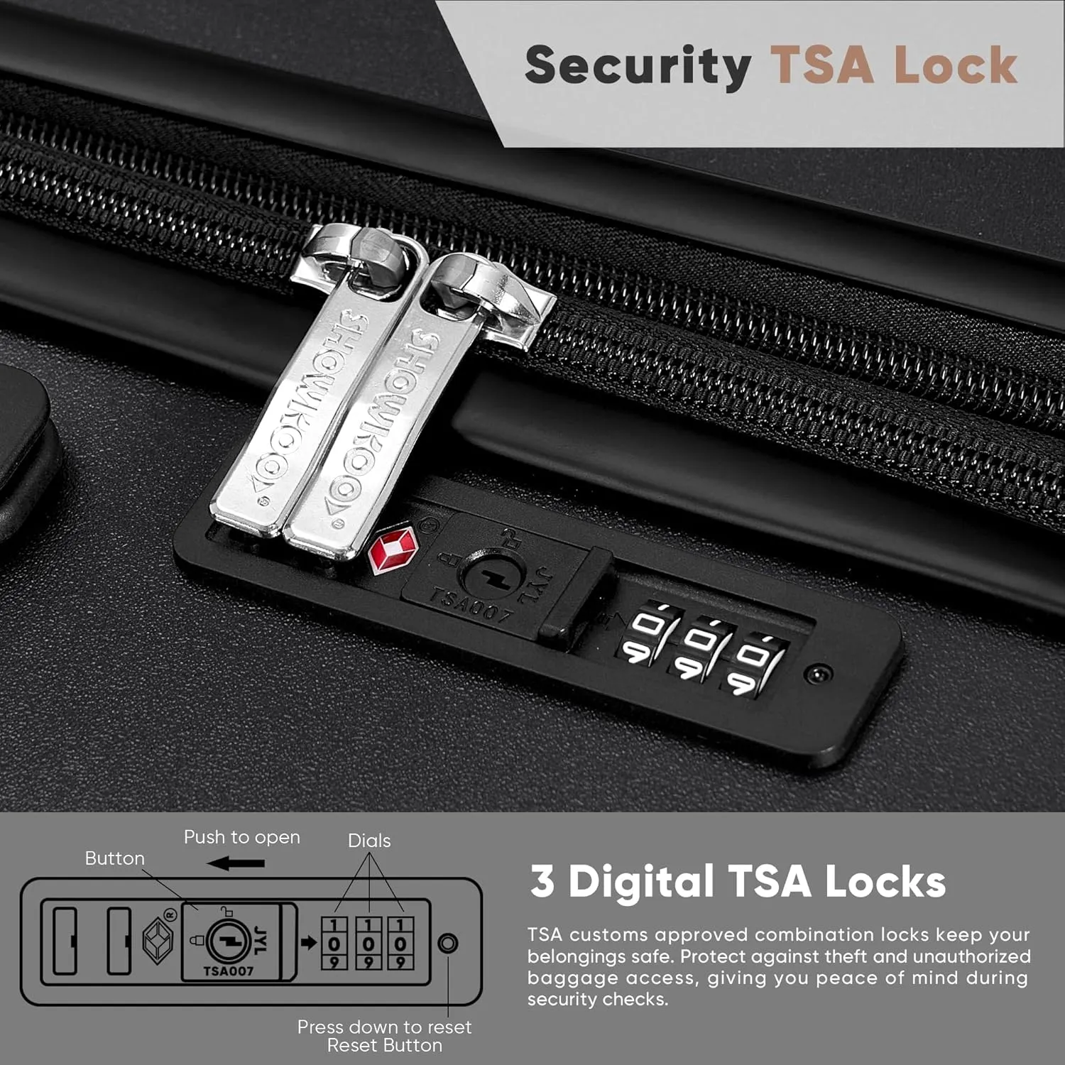 SHOWKOO Luggage Sets 3 Piece 100% PC Ultra Tough Hardside Expandable Suitcases Sets with TSA Lock Double Spinner Wheels (20in/24in/28in, Black