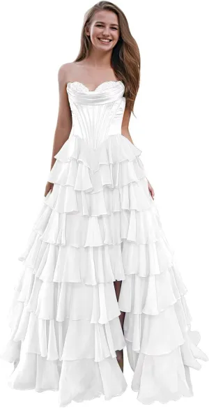 SHSUREVE Strapless Corset Prom Dresses for Women Tiered A Line Chiffon Formal Evening Party Gown with Slit