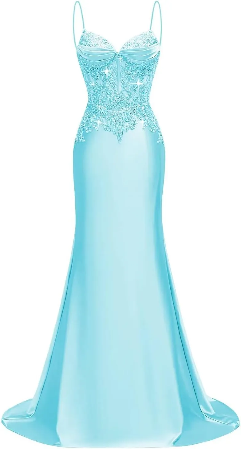 Silk Beaded Prom Dresses Long for Women Mermaid Formal Dresses Spaghetti Straps Evening Party Gowns