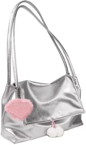 Silvery Tote Bag Cute Soft PU Leather Shoulder Bag,Lightweight Foldable Crossbody for Women Large-Capacity Underarm Bagg