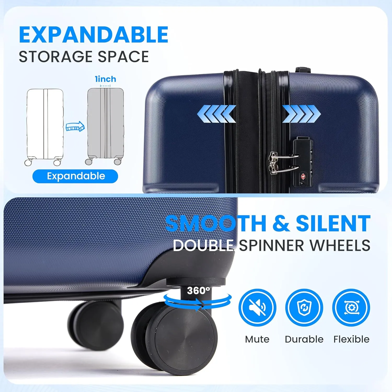 Simple Deluxe 20 Inch Hardside Carry On Luggage, Suitcase with Double Spinner Wheels & TSA Lock, Hard Shell, Expandable Rolling Lightweight, Blue
