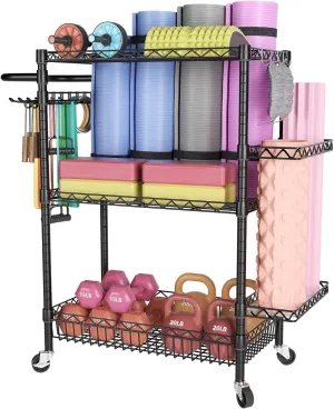 SINGAYE Weight Rack for Home Gym Yoga Mat Storage Racks for Dumbbells Kettlebells Foam Roller Yoga Strap and Resistance Bands Workout Equipment Storage Organizer With Hooks and Wheels