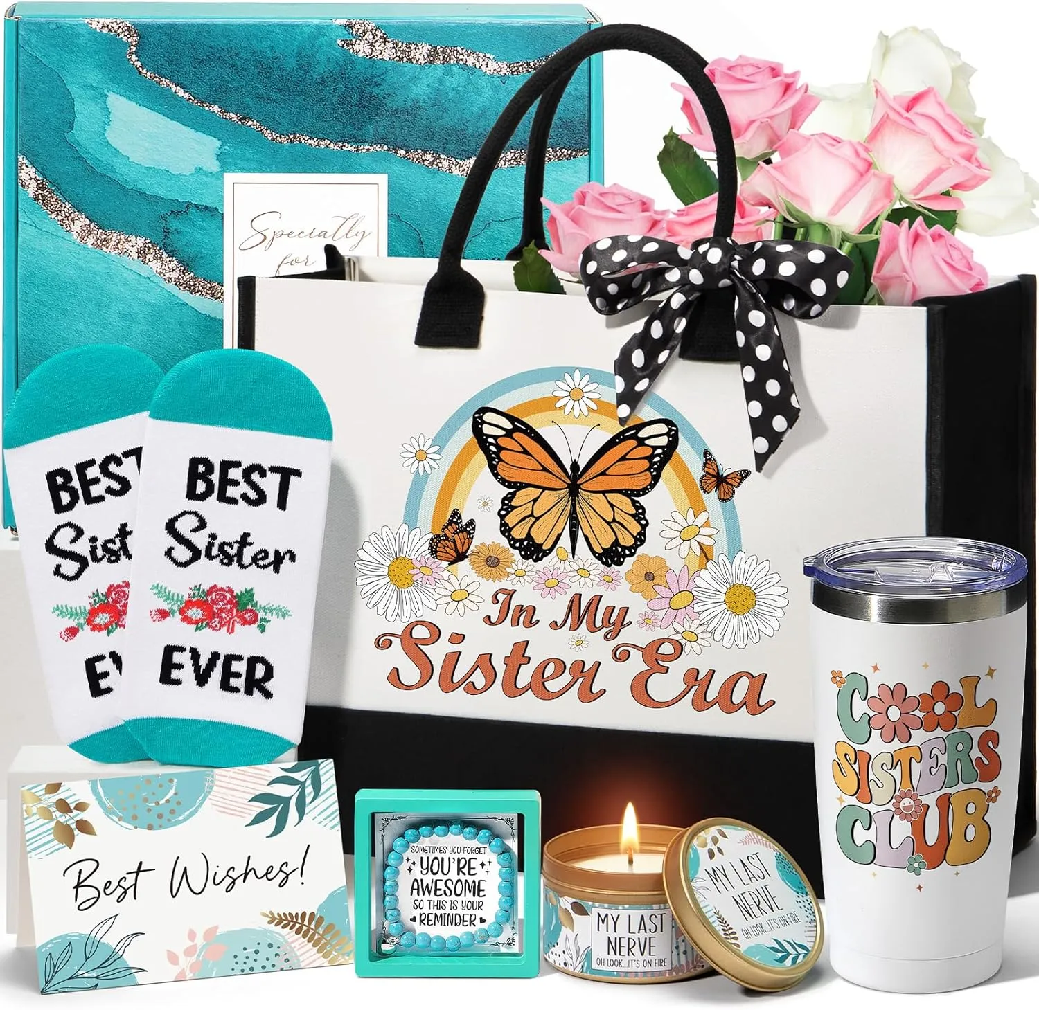 Sisters Gifts from Sister, Mothers Day Gifts for Sister from Brother, Best Sister Birthday Gifts for Sister in Law Soul Sister, Funny Sister Gifts Unique Sister Gift Basket w/Retro Canvas Tote Bag
