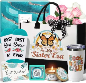 Sisters Gifts from Sister, Mothers Day Gifts for Sister from Brother, Best Sister Birthday Gifts for Sister in Law Soul Sister, Funny Sister Gifts Unique Sister Gift Basket w/Retro Canvas Tote Bag